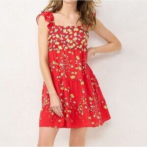 LC Lauren Conrad Red Lemon Print Ruffle Sleeve Fit & Flare Linen Blend Dress XS